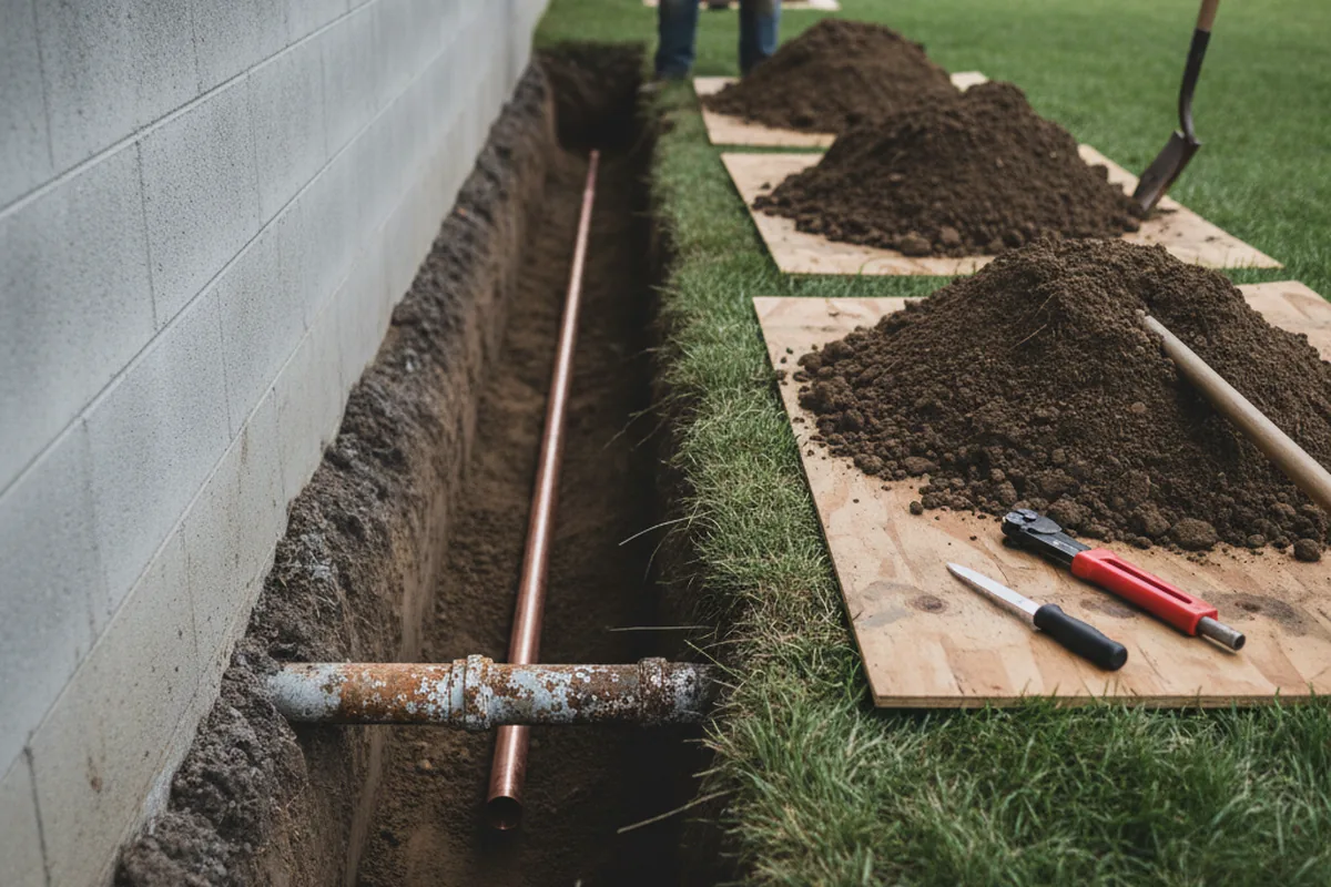 Excavated water line trench during Sewer Line Repair in Powderhorn
